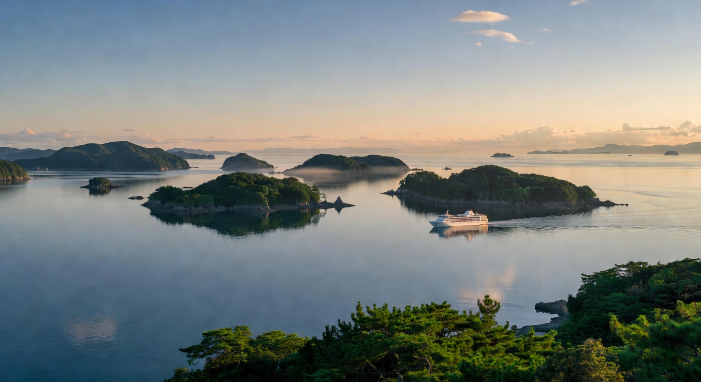 A wide editorial travel photograph of the serene Japanese Inland Sea with small green islands dotting calm blue water and a ship passage visible between the islands, evoking the classic circle-Japan c