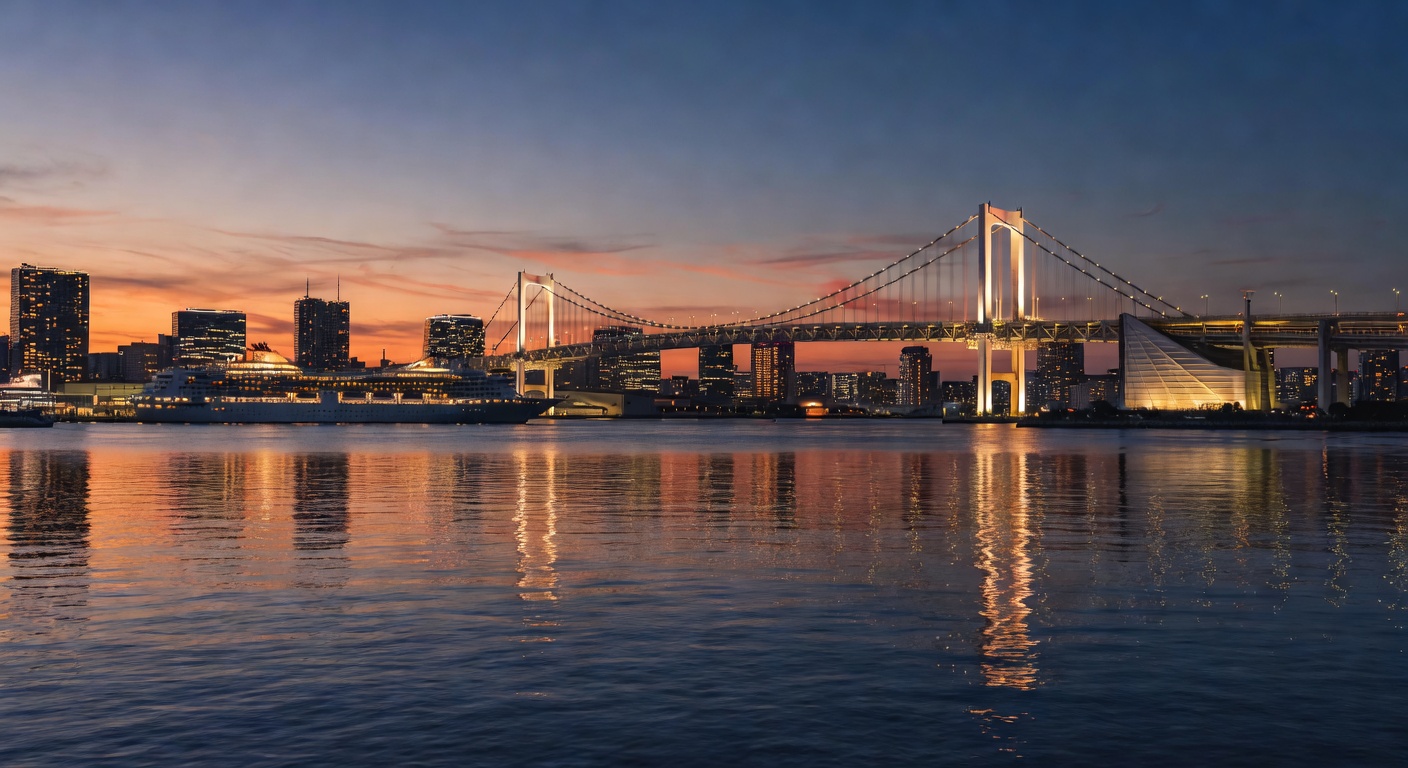 A wide editorial travel photograph of Tokyo Bay at golden hour with the Rainbow Bridge or waterfront skyline in the background and calm harbour waters in the foreground, suggesting the start of a crui