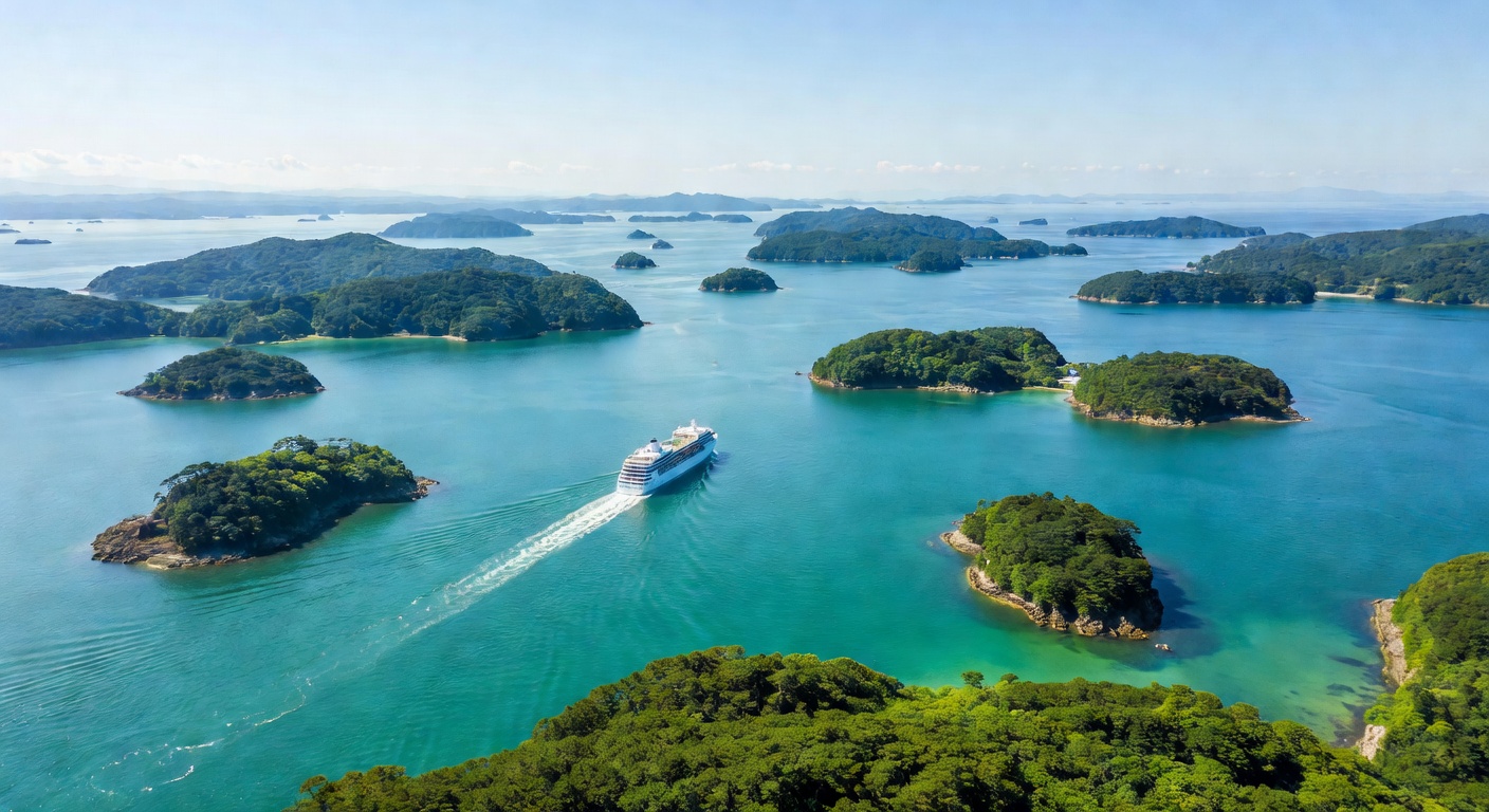 A wide aerial editorial travel photograph looking down at a cruise ship navigating through Japan's Seto Inland Sea with lush green islands scattered across calm turquoise water on a clear day.