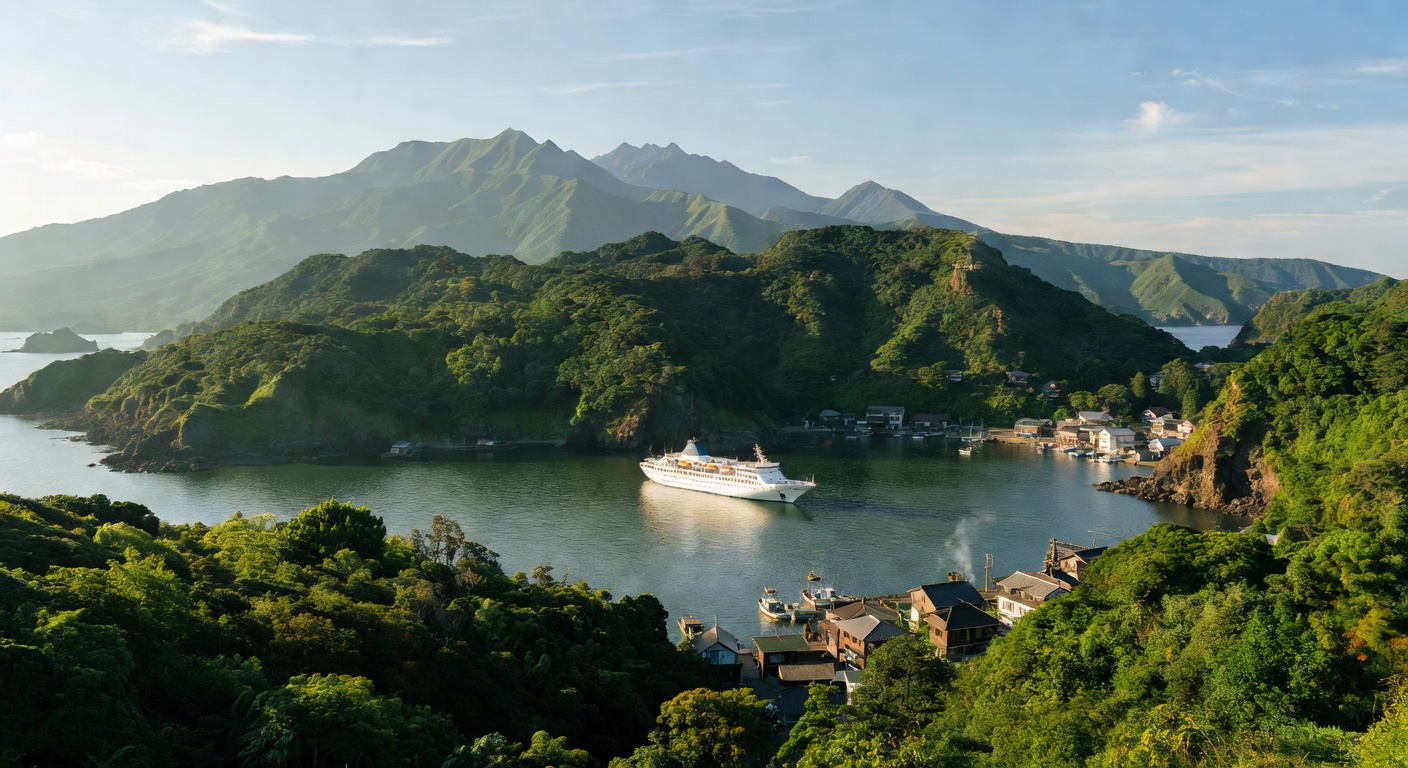 A wide panoramic editorial travel photograph of a mid-sized cruise ship anchored in a volcanic Japanese harbour with lush green hillsides rising from the water and a small coastal town visible along t