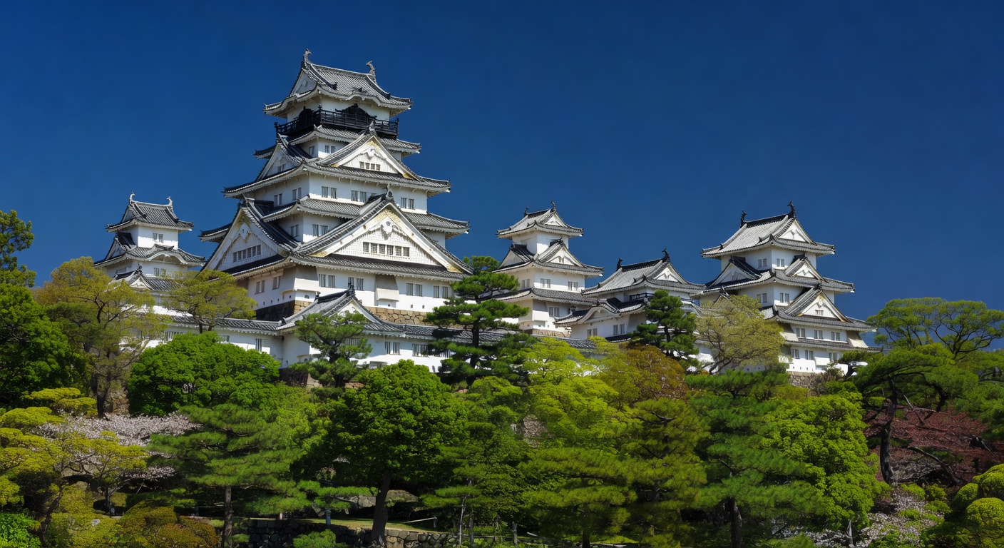 A wide editorial travel photograph of the iconic white Himeji Castle rising above green trees on a clear day, representing one of Japan's finest original castles accessible from the cruise port of Kob