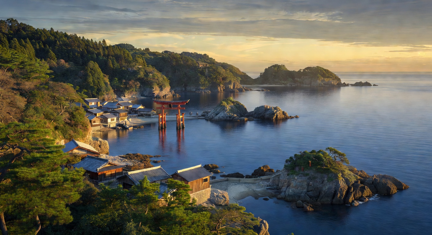 A wide cinematic editorial photograph of a sweeping Japanese coastline with forested green hills meeting calm blue water, a distant torii gate or harbour town visible along the shore, evoking the expe