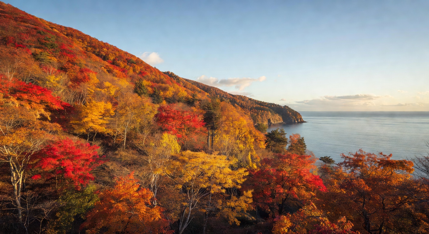 A wide panoramic editorial travel photograph of Hokkaido's dramatic autumn foliage in rich reds and golds blanketing hillsides above a calm northern Japanese coastline under a clear cool-weather sky.