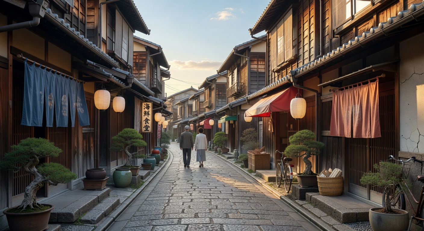 A wide editorial travel photograph of a couple walking along a quiet Japanese port town street lined with traditional wooden buildings and noren curtains, suggesting a calm, culturally rich shore excu