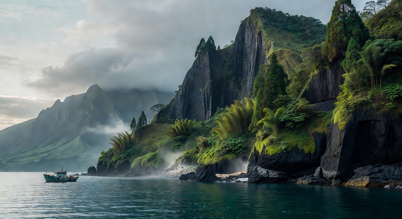 A wide editorial travel photograph of a small expedition-style ship anchored near a dramatic volcanic Japanese island with steep cliffs, dense vegetation, and mist rising from the shoreline, conveying