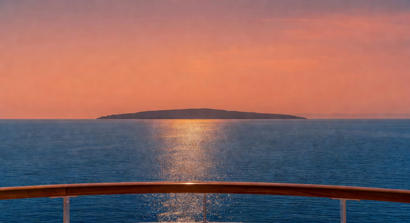 A wide cinematic editorial travel photograph shot from the deck of a ship at sunset, looking out across a calm deep-blue Aegean Sea toward a distant silhouetted Greek island on the horizon, with warm 