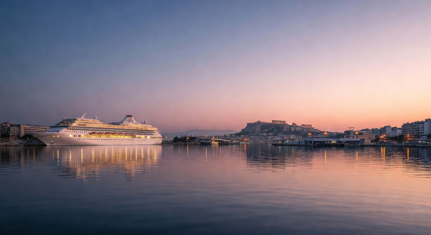 A wide editorial travel photograph of Piraeus port at dawn with a large cruise ship docked alongside the harbour, the hazy Athens skyline and Acropolis hill faintly visible in the background under sof
