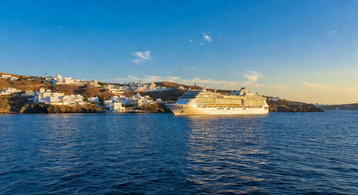 A wide editorial travel photograph of a cruise ship sailing through deep blue Aegean waters with whitewashed Greek island hillsides visible in the background under golden afternoon light.