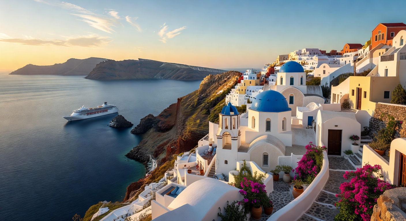 A wide editorial travel photograph of the iconic Santorini caldera view with white and blue-domed buildings cascading down volcanic cliffs above deep blue water, with a cruise ship anchored far below 