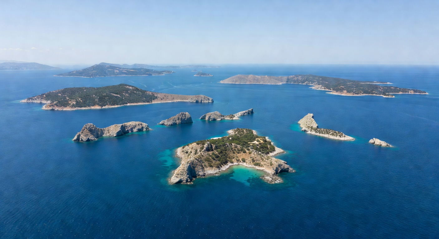A wide cinematic aerial photograph of the deep blue Aegean Sea with scattered rocky Greek islands stretching toward the horizon under a clear Mediterranean sky, suggesting the vastness and beauty of c