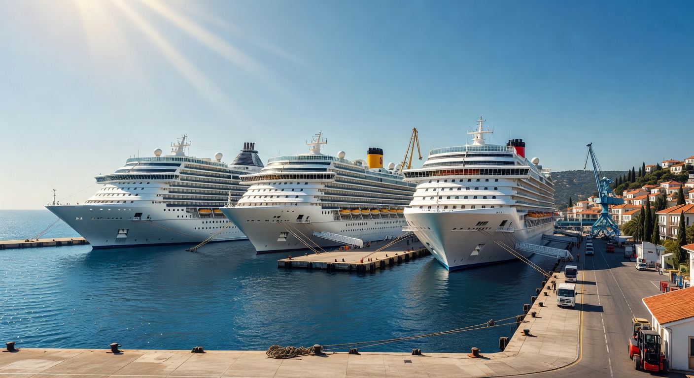 A wide editorial travel photograph of multiple large modern cruise ships docked side by side at a busy Mediterranean port terminal on a clear sunny day, showing the scale and variety of vessels availa