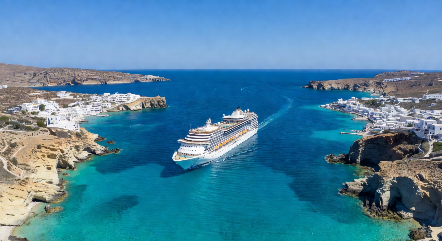 A wide aerial editorial travel photograph looking down at a cruise ship passing between Greek islands, turquoise water contrasting with arid golden-brown island terrain and scattered white villages al