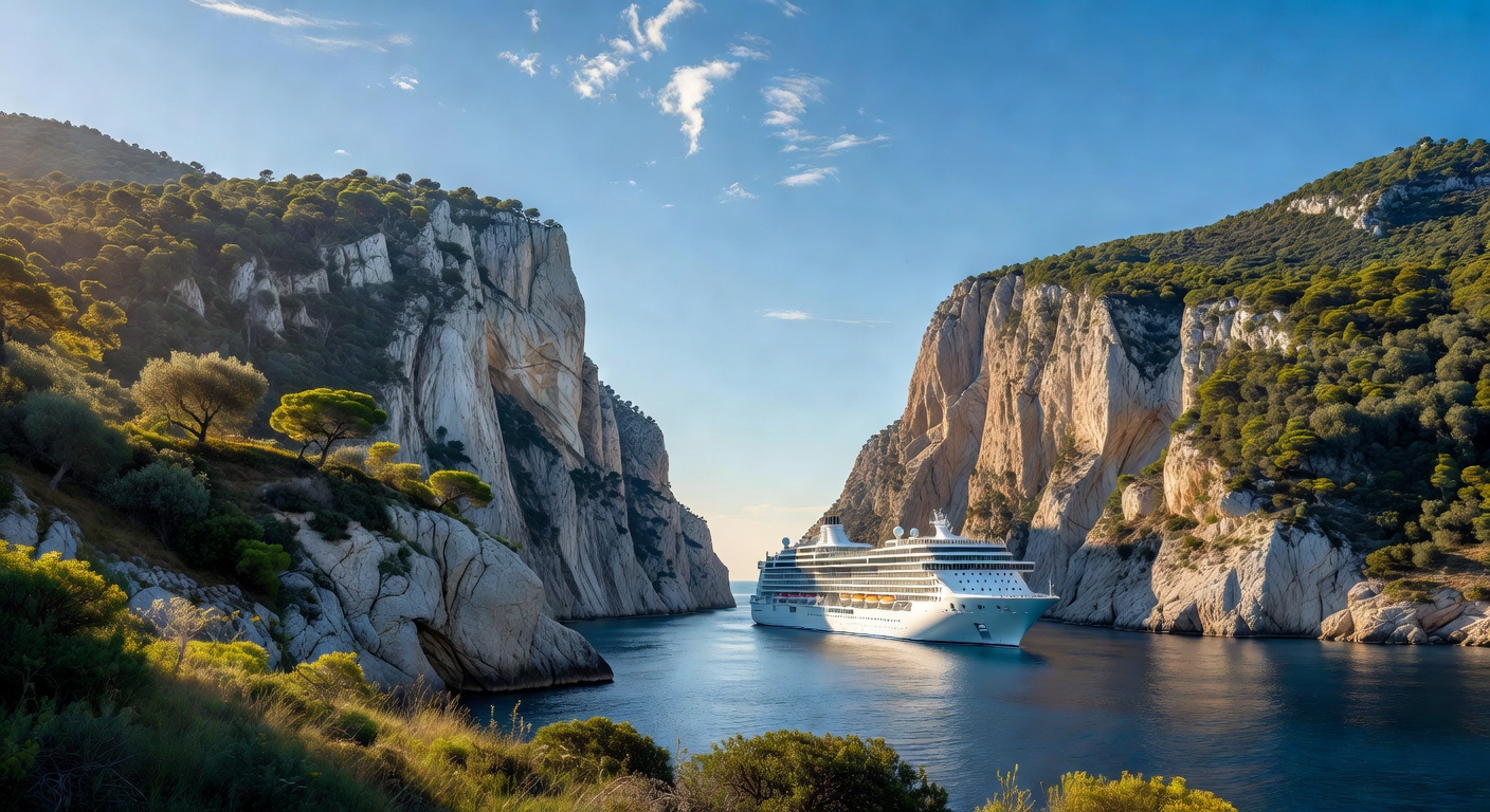 A wide editorial travel photograph showing a cruise ship navigating a narrow Adriatic or Aegean passage between dramatic green-and-limestone coastal cliffs with deep turquoise water, evoking the varie