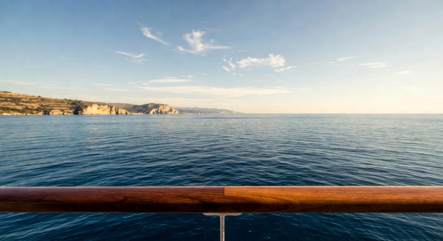 A wide editorial travel photograph looking out over a serene Mediterranean seascape from the polished wooden railing of a classic cruise ship deck, with deep blue open water and a distant coastline un