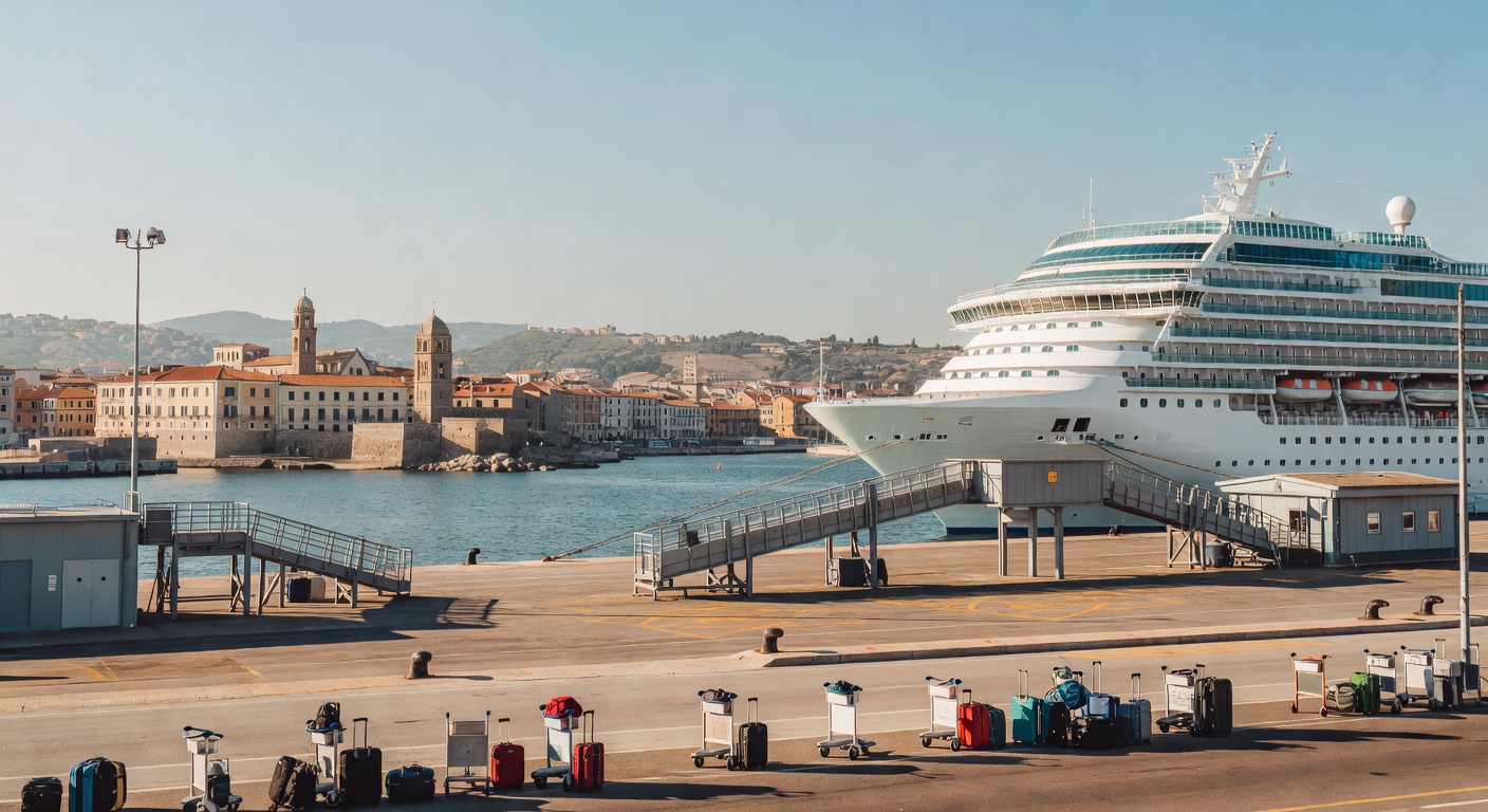 A wide editorial travel photograph of the Civitavecchia cruise port terminal area on a busy embarkation day, showing passengers with luggage walking along the quayside toward a large docked cruise shi