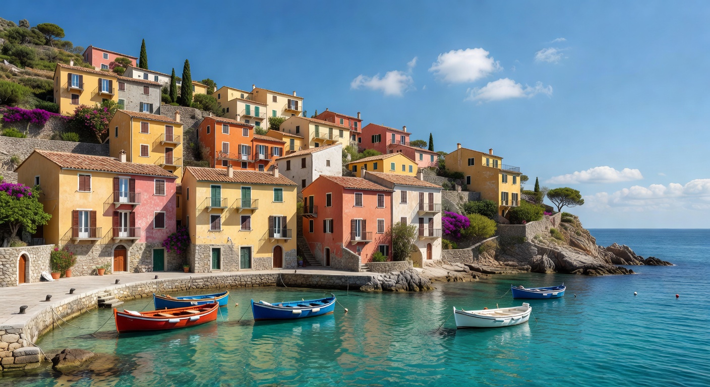 A wide editorial travel photograph of a colorful Mediterranean coastal village seen from the water — pastel-painted buildings cascading down a hillside toward a small harbor with fishing boats, bright