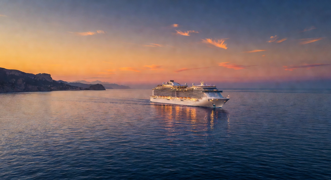 A wide cinematic editorial photograph of a cruise ship sailing across a calm deep-blue Mediterranean Sea at sunset, the Italian coastline faintly visible on the horizon, warm amber and violet tones re