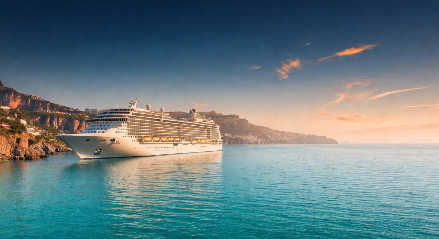 A wide cinematic editorial photograph of a large cruise ship sailing through calm turquoise Mediterranean waters with the Italian coastline fading softly in the background under a warm late-afternoon 