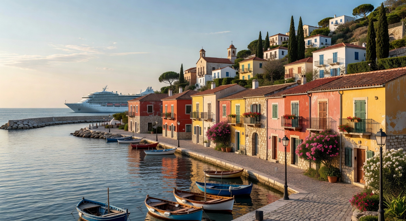 A wide panoramic editorial travel photograph of a picturesque Mediterranean harbour town with colourful waterfront buildings, moored boats, and hilly terrain rising behind, shot in warm natural light 