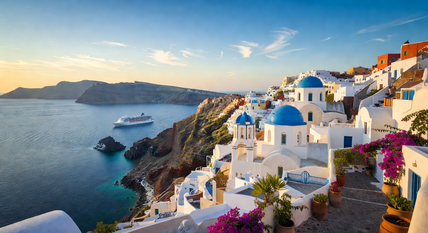 A wide editorial travel photograph showing a sweeping panoramic view of Santorini's iconic white-washed cliffside villages overlooking the deep blue caldera with a cruise ship anchored far below, capt