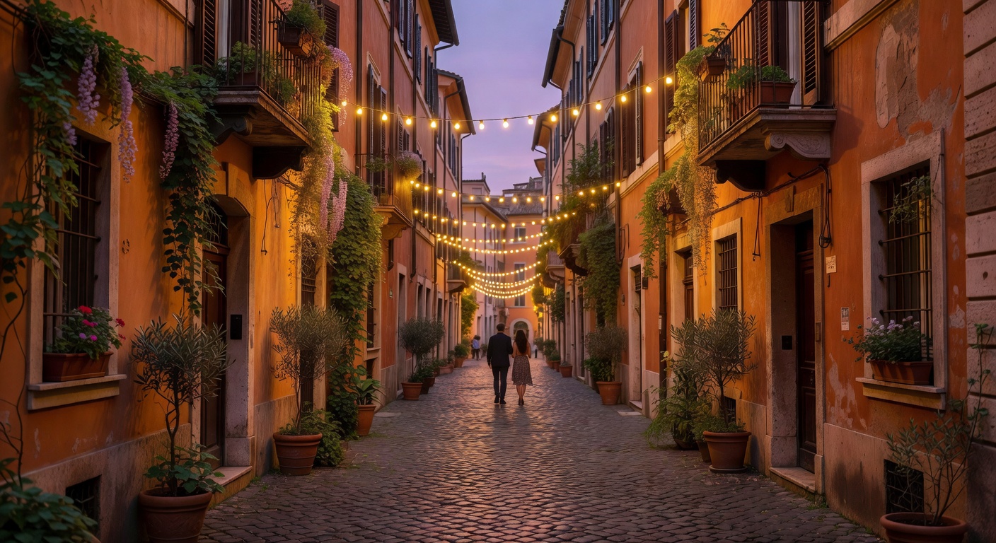 A wide editorial travel photograph of a couple walking through the charming cobblestone streets of Trastevere in Rome at dusk, warm string lights overhead, ivy-covered ochre walls on either side, capt