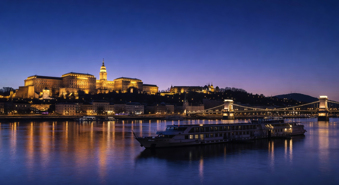 A wide atmospheric editorial photograph of the Budapest riverfront at blue hour, showing the illuminated Buda Castle on the hill reflected in the smooth Danube below, with the silhouette of a docked r