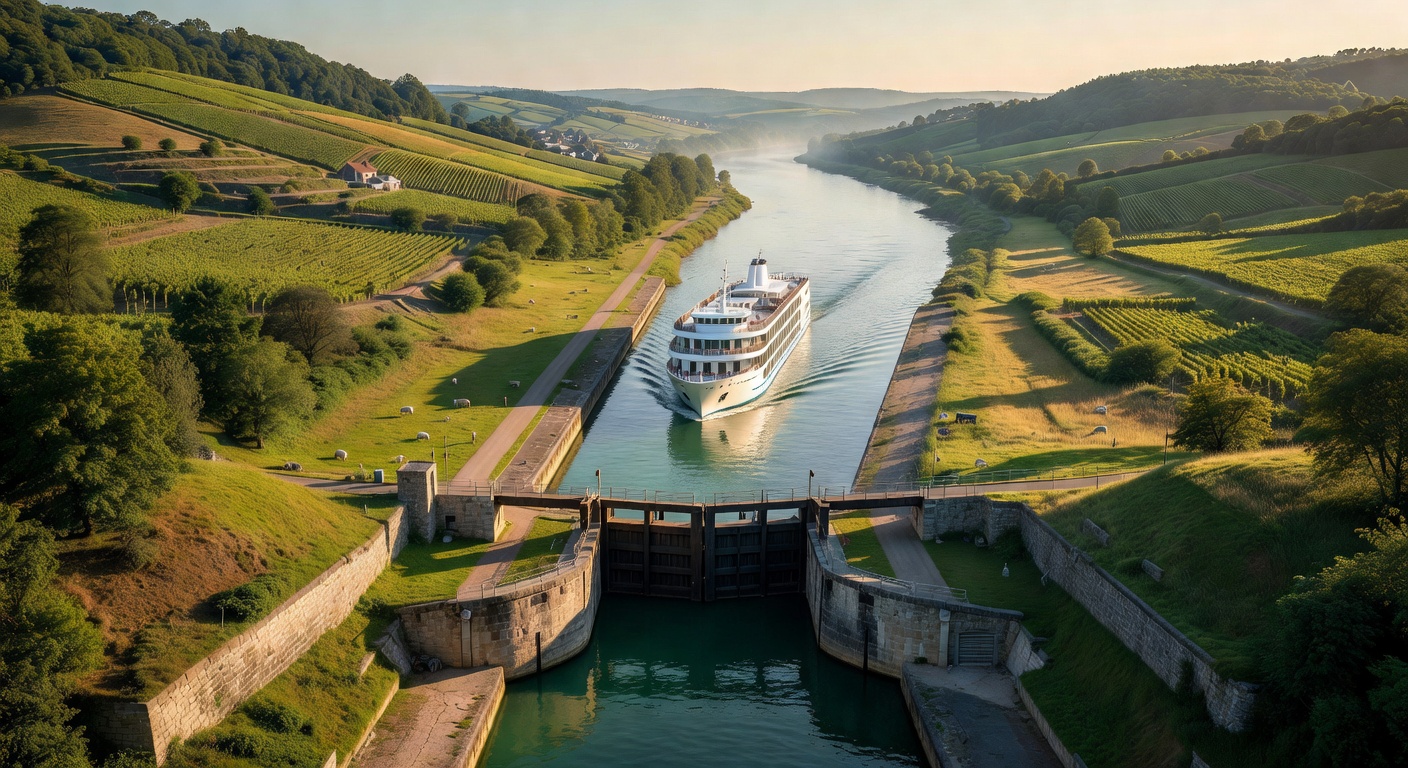 A wide editorial travel photograph of a river cruise ship passing through a scenic European river lock system surrounded by lush green countryside and gentle hills, captured from an elevated perspecti