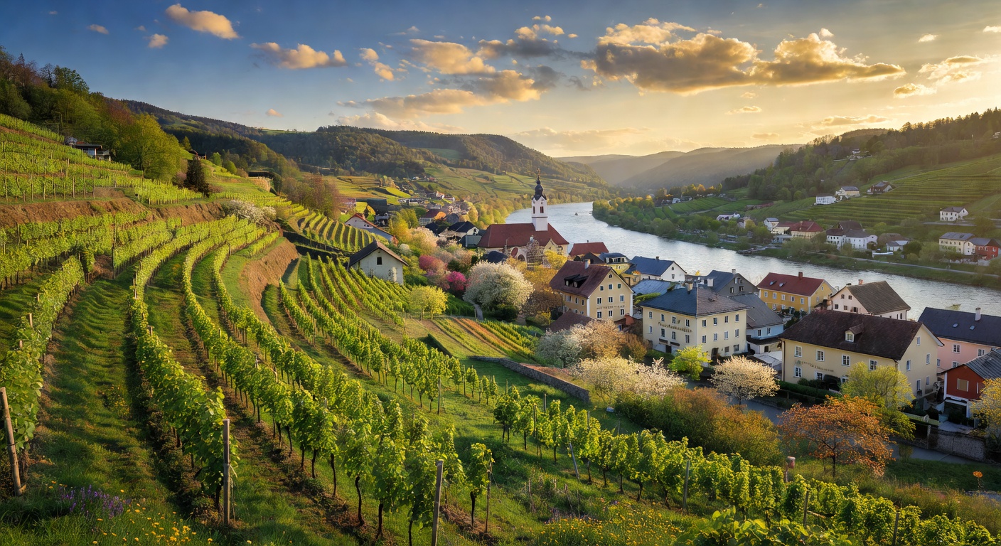 A wide editorial travel photograph of the lush green Wachau Valley along the Danube in late spring, with terraced vineyards cascading down hillsides, a small Austrian village with a church steeple nea