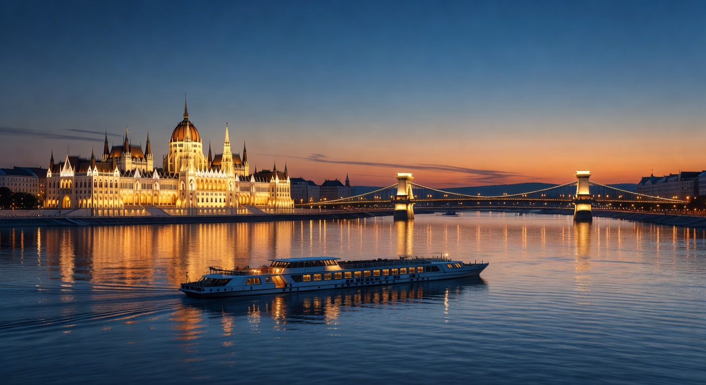 A wide cinematic editorial travel photograph of the Budapest riverfront at golden hour, showing the illuminated Chain Bridge and Parliament Building reflected in the Danube with a river cruise longshi