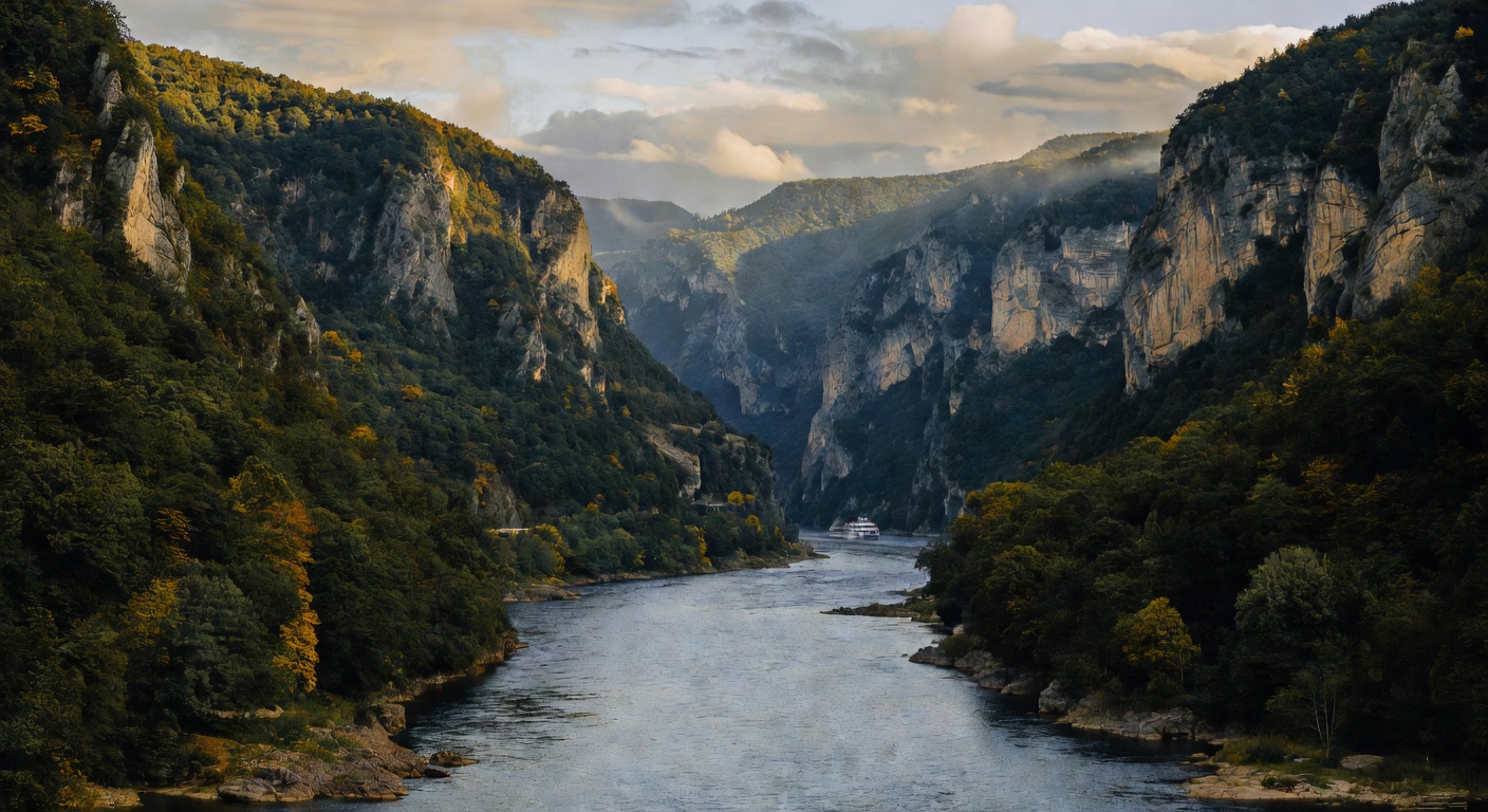 A wide editorial travel photograph of the dramatic Iron Gates gorge on the Danube, with steep forested canyon walls rising on both sides of the narrow river passage along the Serbia-Romania border, a 