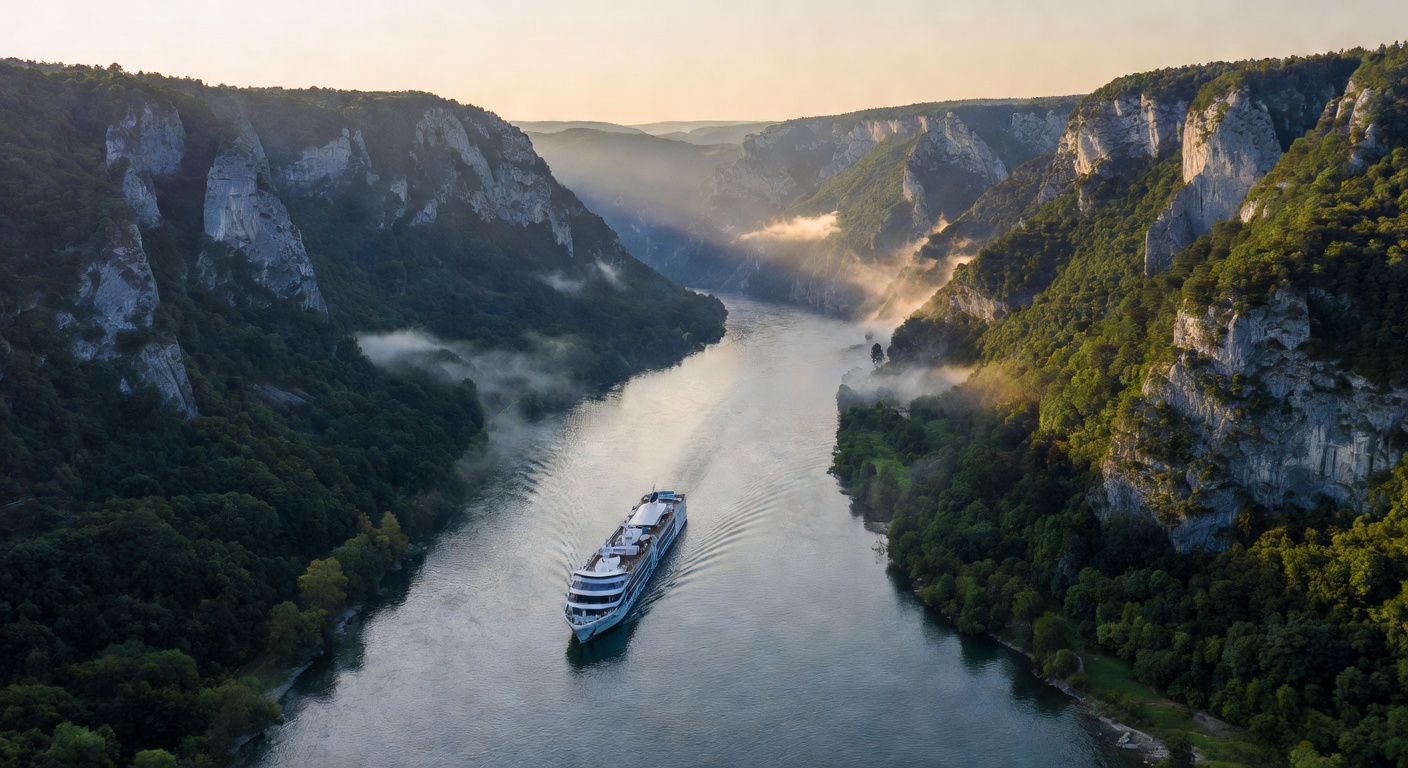 A wide cinematic aerial photograph of a river cruise ship gliding along the Danube through the dramatic Iron Gates gorge between Serbia and Romania, with steep forested cliffs on both sides and mist r