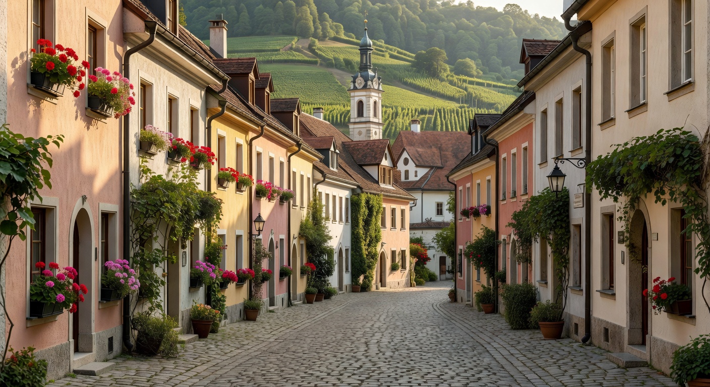 A wide editorial travel photograph of a charming cobblestone main street in a small Austrian Danube town like Dürnstein, with pastel-coloured buildings, flower boxes on windowsills, and a church tower
