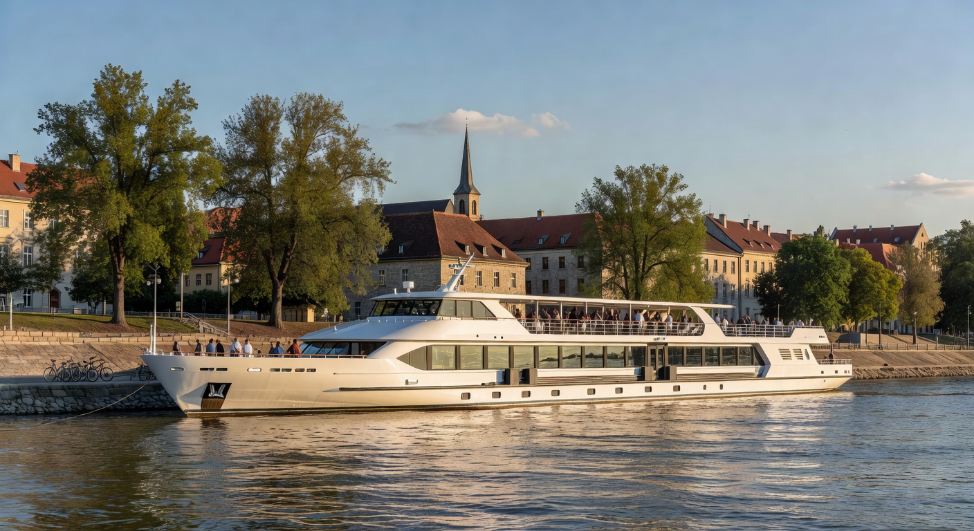 A wide editorial travel photograph of a sleek modern river cruise ship docked along a tree-lined Danube embankment, with passengers visible on the top sun deck and bicycles stored at the bow area, sug