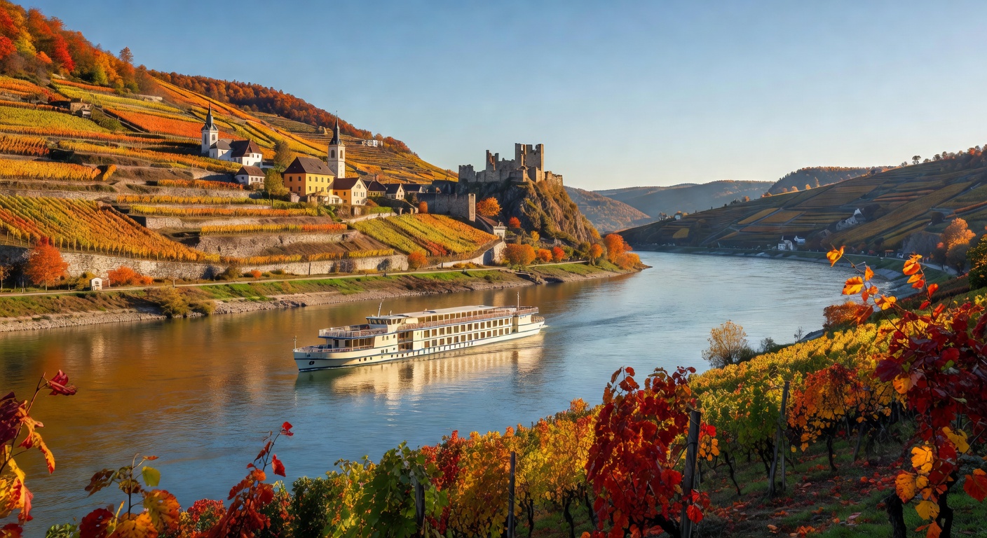 A wide panoramic editorial travel photograph of a river cruise ship sailing through the vineyard-lined Wachau Valley on the Danube, with terraced hillsides, a ruined castle on a bluff, and autumn-ting