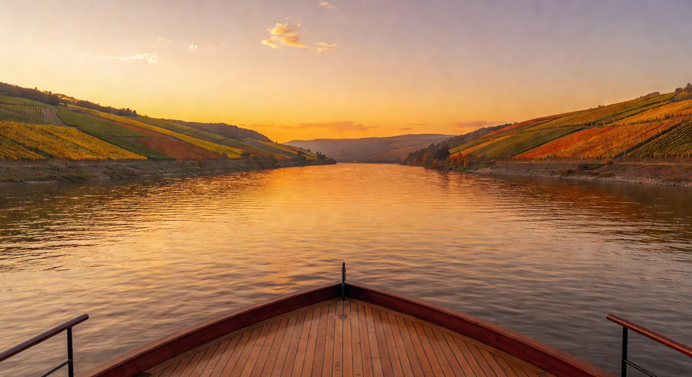 A wide cinematic editorial photograph shot from the deck of a river cruise ship looking forward along the Danube at golden hour, with gentle hills and vineyard-covered slopes on either side and the wa