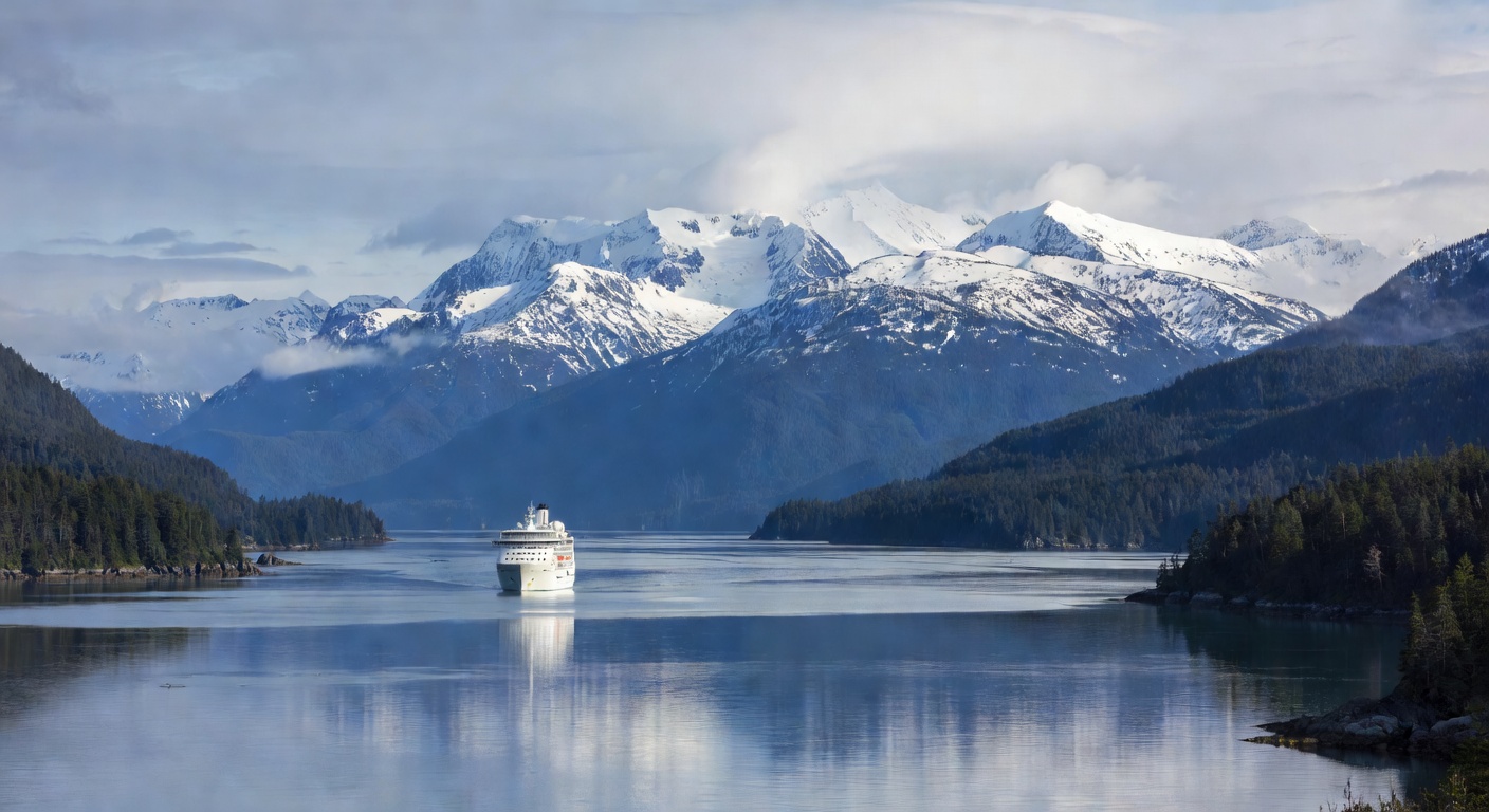 A wide editorial travel photograph of a large cruise ship sailing through the calm waters of Resurrection Bay near Seward, Alaska, with snow-capped Kenai Peninsula mountains rising dramatically in the