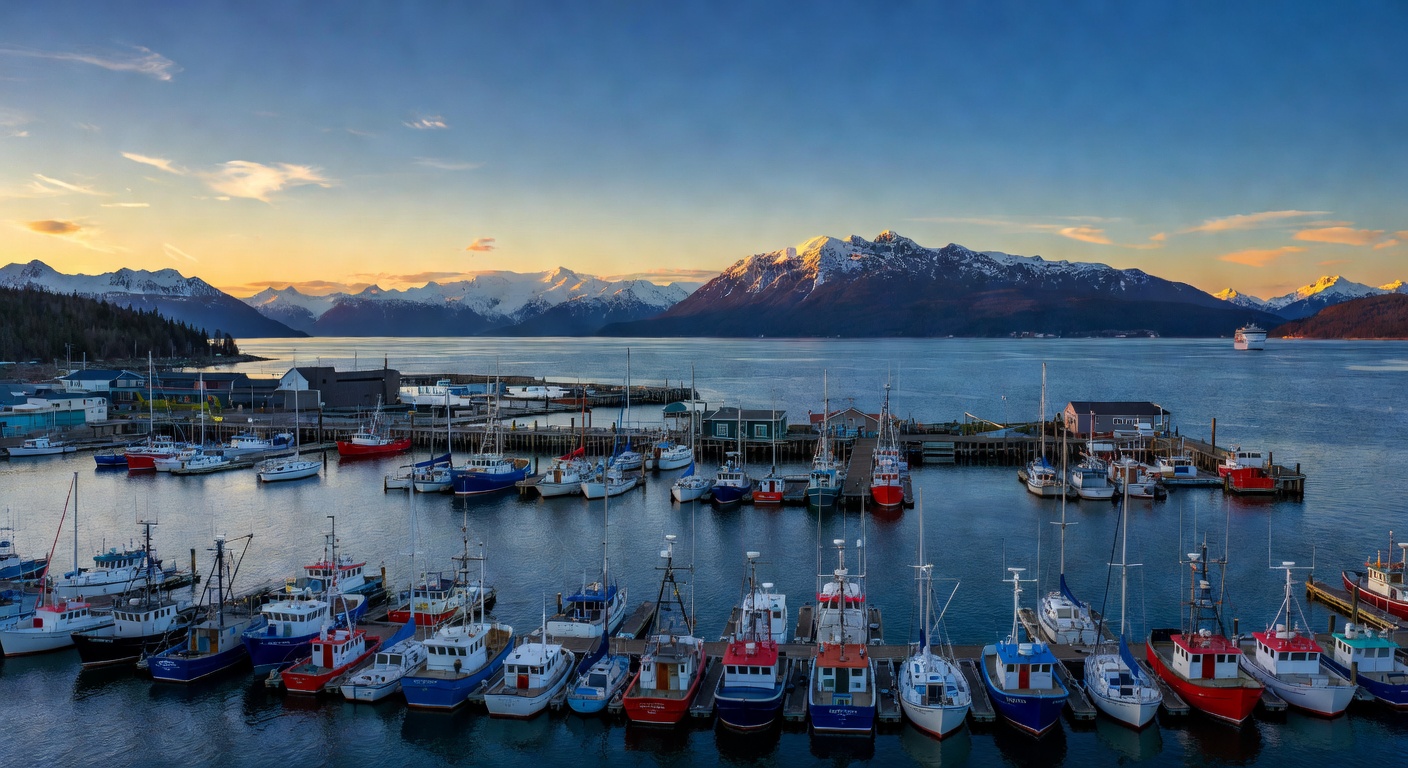 A wide editorial travel photograph of Seward, Alaska's small boat harbor with snow-capped Kenai Mountains rising behind the waterfront, a cruise ship visible in the distance on Resurrection Bay under 