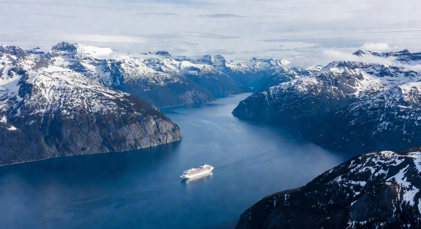 A wide aerial editorial travel photograph of a cruise ship sailing through a deep blue fjord surrounded by snow-dusted peaks in the Gulf of Alaska, low clouds threading between the mountains, capturin