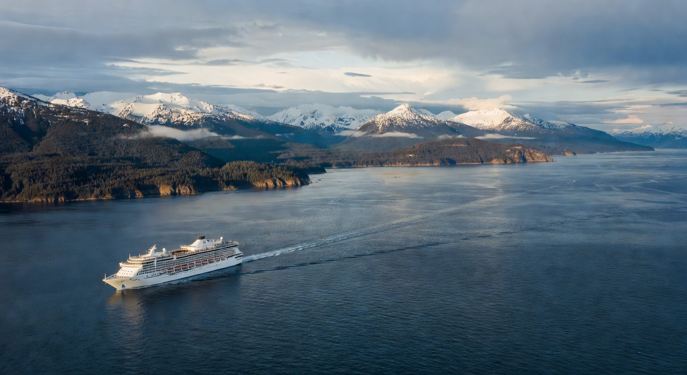 A wide aerial-perspective editorial travel photograph showing a cruise ship navigating open Gulf of Alaska waters with the vast Kenai Peninsula coastline and snowcapped peaks visible in the background