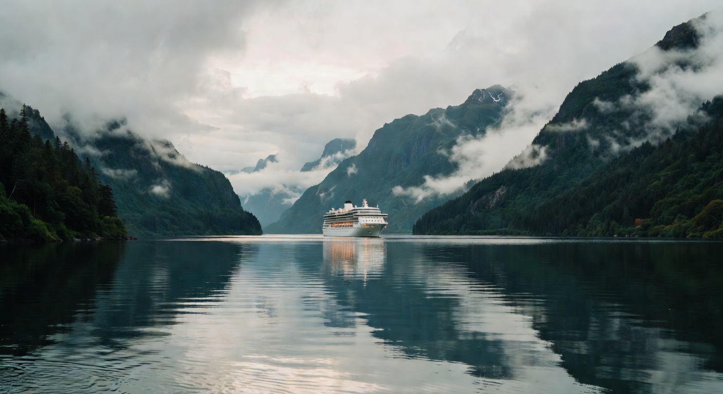 A wide editorial travel photograph of a cruise ship in the distance sailing through a misty Inside Passage channel flanked by dense evergreen-covered mountains and low clouds, with glassy calm water r