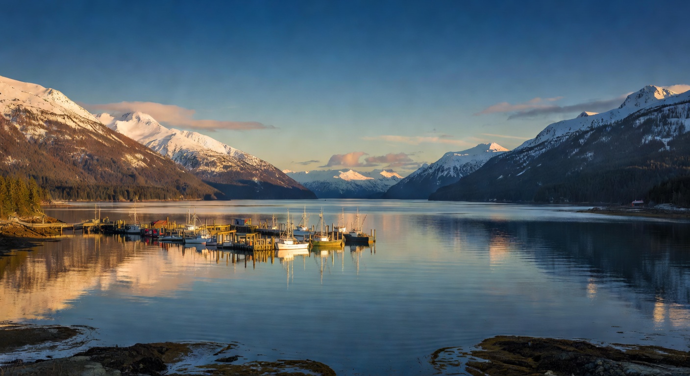 A wide panoramic editorial travel photograph of Resurrection Bay at golden hour, with calm water reflecting surrounding snow-dusted mountains, a small fishing harbor in the mid-ground, and the vast ba