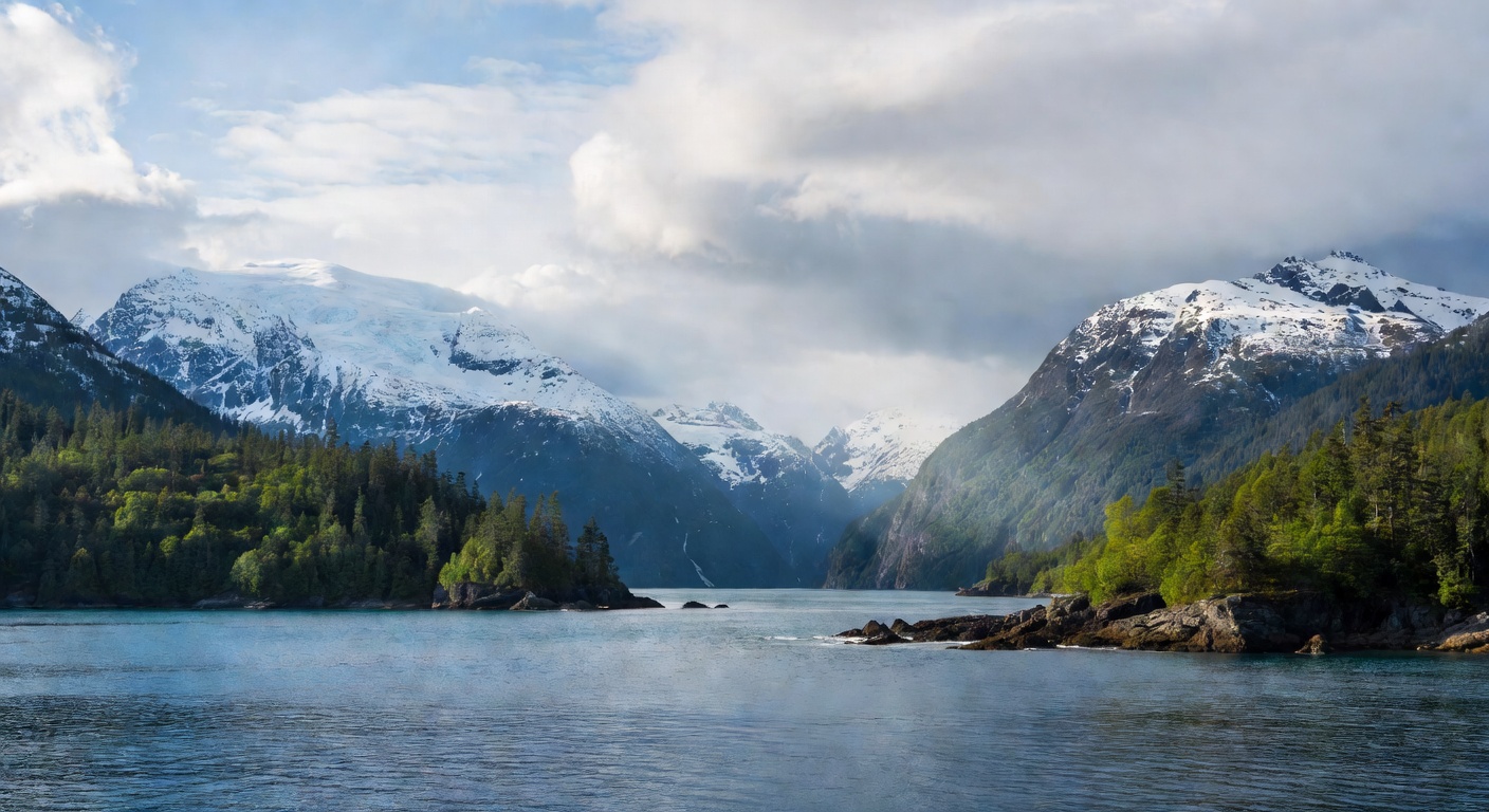 A wide panoramic editorial travel photograph of Resurrection Bay near Seward, Alaska, with deep blue waters surrounded by rugged snow-dusted mountains and evergreen forests under a dramatic sky.