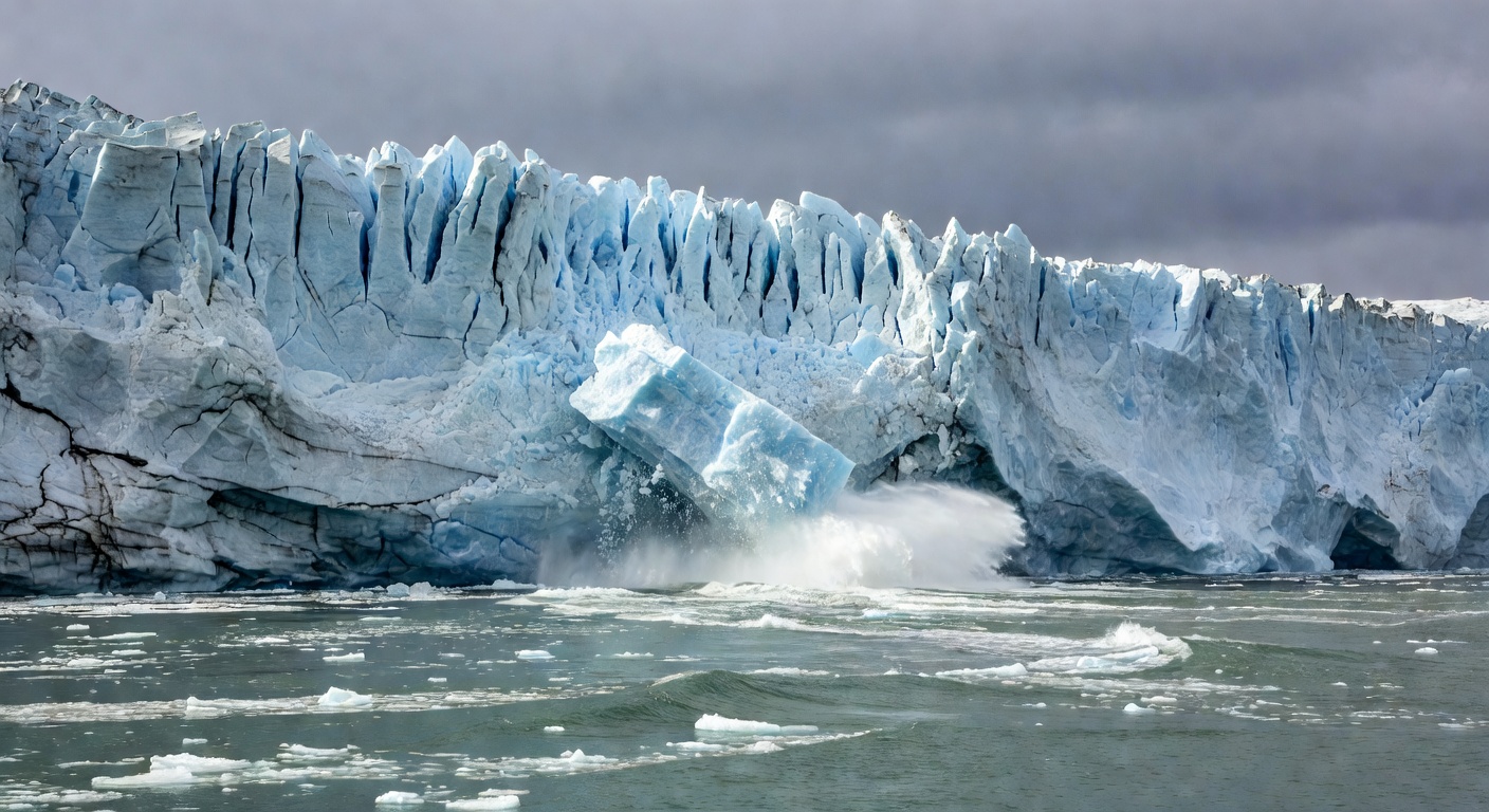 A wide editorial travel photograph of the towering blue-white face of Hubbard Glacier calving enormous chunks of ice into grey-green Alaskan waters, with the immense scale of the glacier wall stretchi