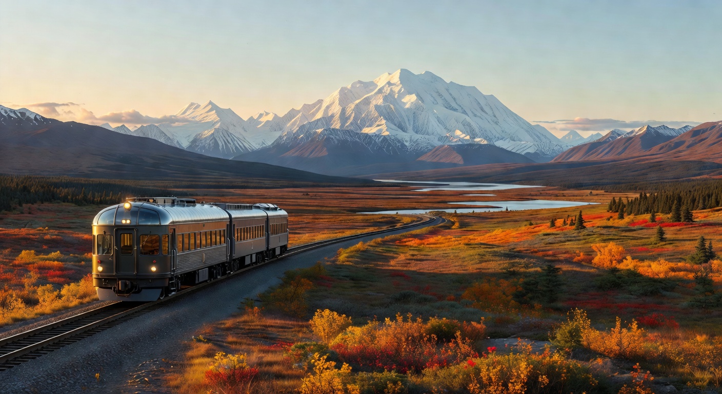 A wide editorial travel photograph of the Alaska Railroad domed observation car passing through Denali National Park with dramatic tundra and the Denali massif rising in the background, evoking the la