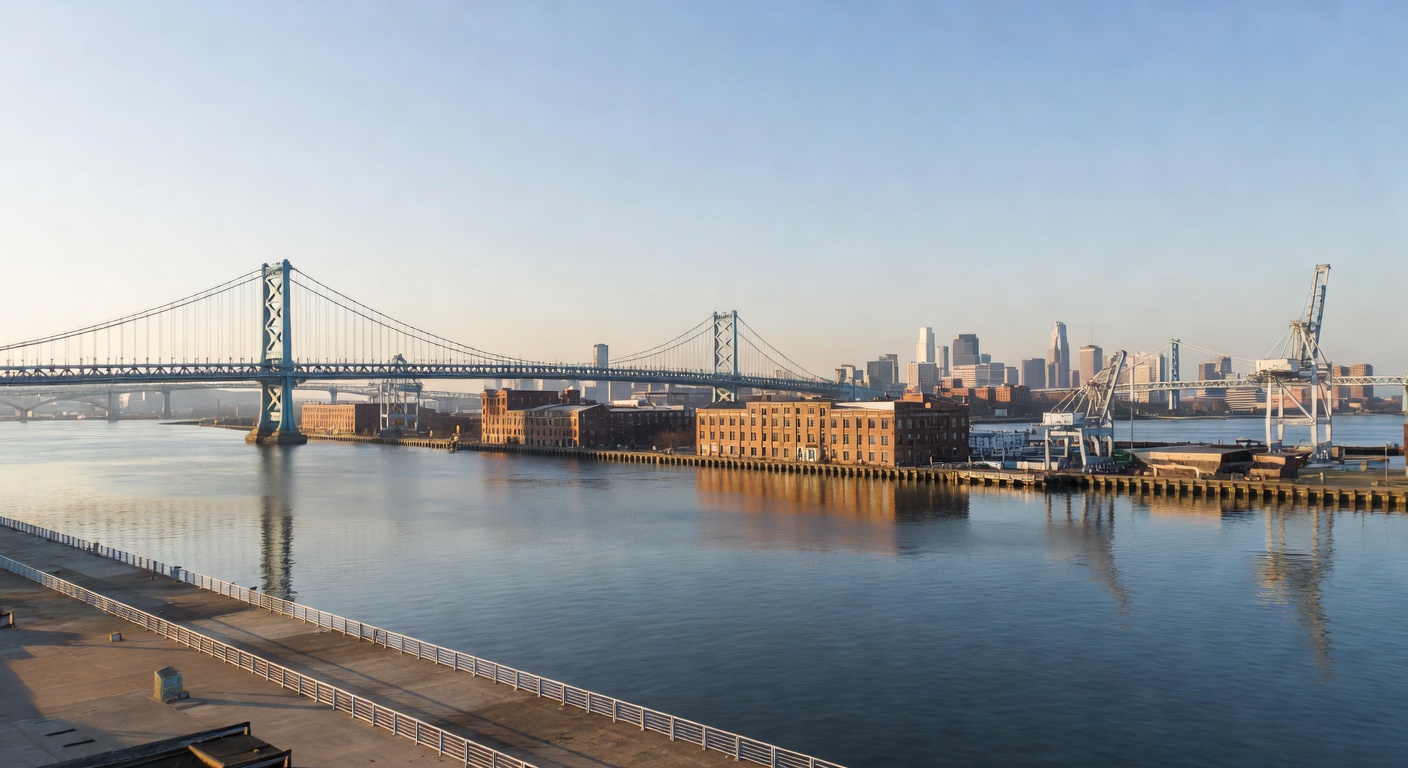A wide editorial photograph of the Philadelphia waterfront and port area along the Delaware River as seen from a slightly elevated angle, with highway access roads and the South Philadelphia industria