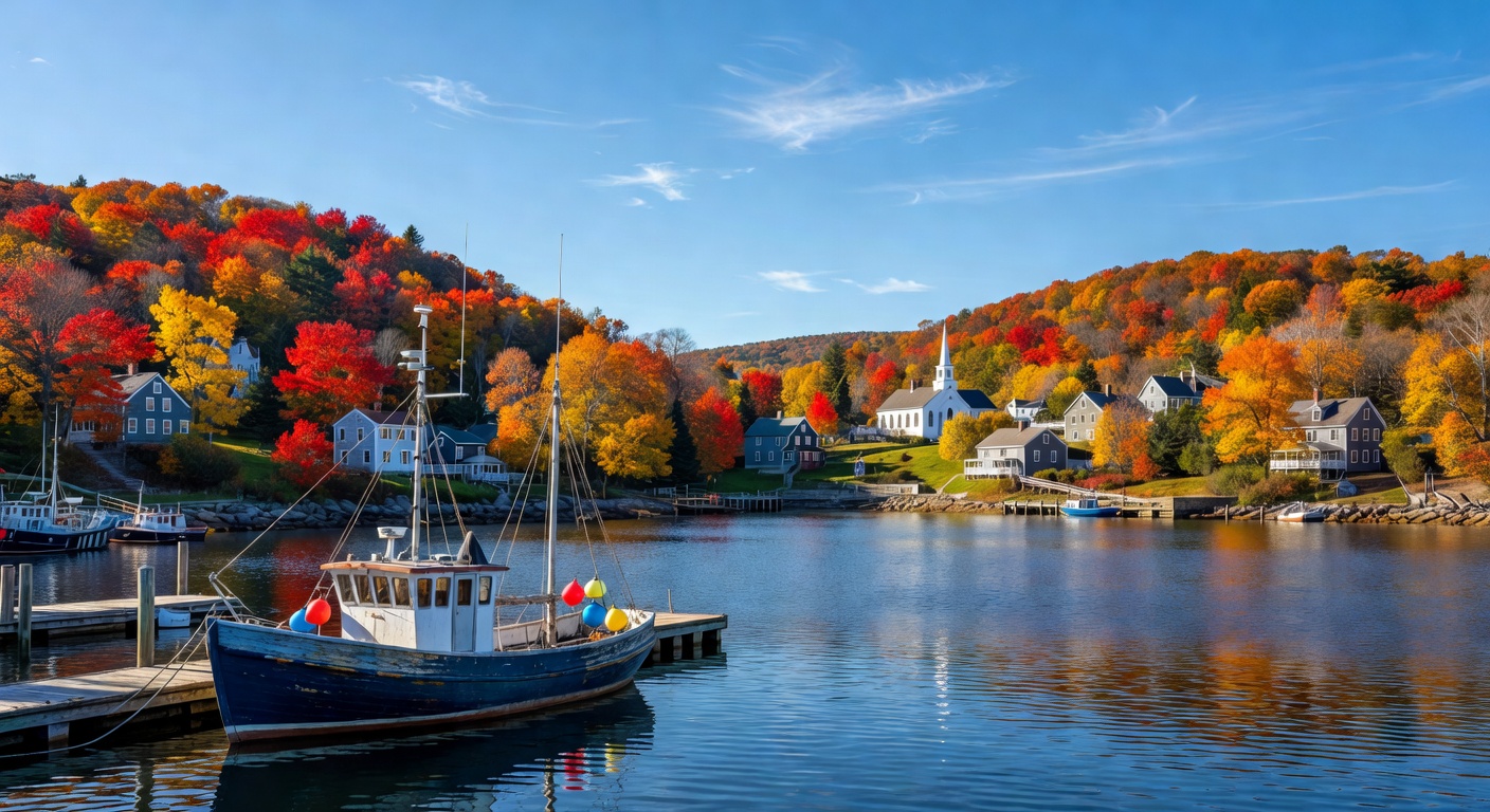 A wide editorial travel photograph of a New England coastal village with a harbor, lobster boats, and hillsides blazing with vibrant red and orange fall foliage under a crisp autumn sky.
