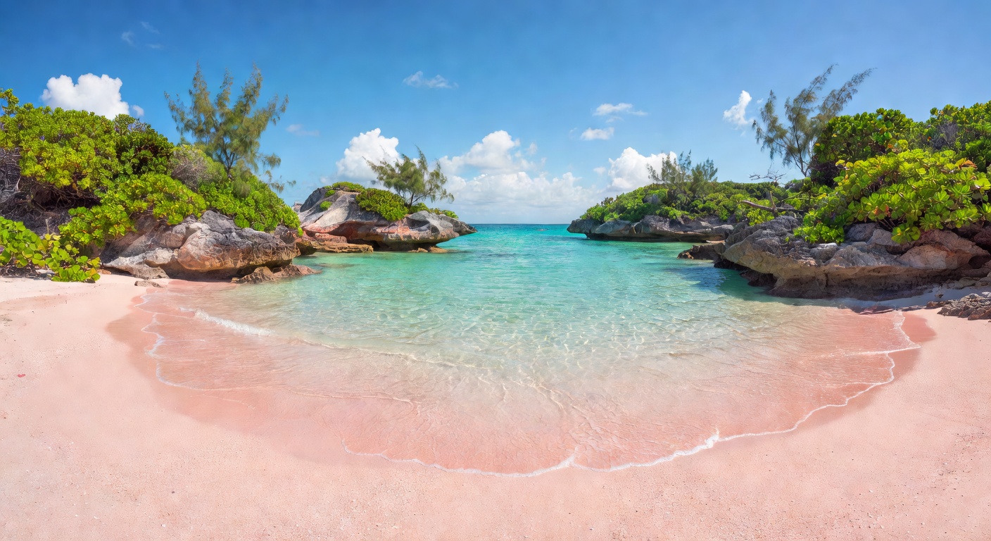 A wide editorial travel photograph of a pristine pink-sand beach cove in Bermuda with turquoise water, dramatic coastal rock formations, and lush green vegetation framing the scene on a sunny day.