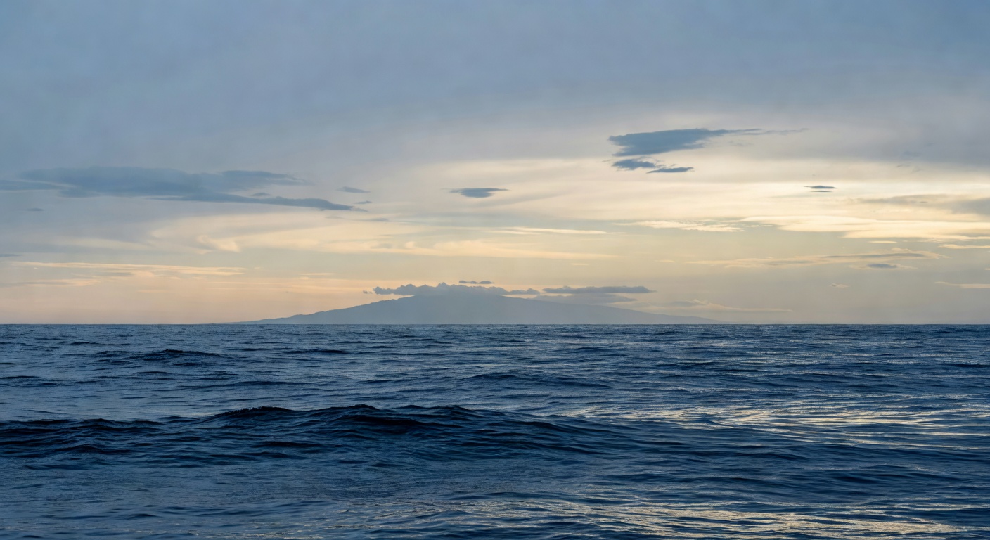 A wide cinematic editorial photograph of a vast deep-blue North Pacific seascape with distant volcanic peaks or misty coastline on the horizon, capturing the immense oceanic crossing between Japan and