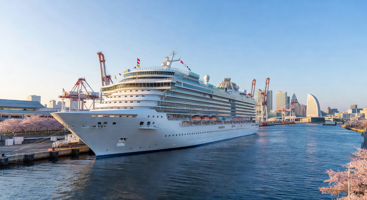 A wide editorial travel photograph of a cruise ship docked at Yokohama or Tokyo port with the city skyline and port cranes visible in the background during a clear spring morning, suggesting the start