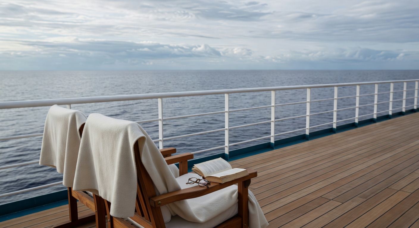 A wide editorial travel photograph of an older couple relaxing on the open deck of a cruise ship with blankets and books, gazing out at a vast grey-blue ocean horizon under soft diffused light.